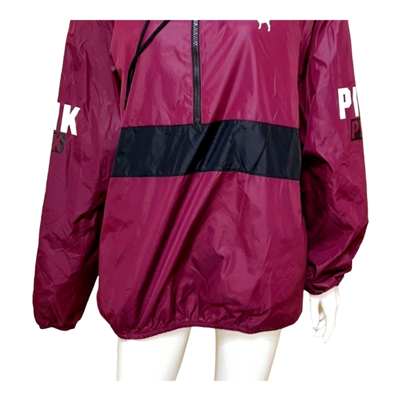 Pink Victoria Secret: Maroon Light Windbreaker Jacket w/ Hoodie Quarter Zipper M - Picture 4 of 7
